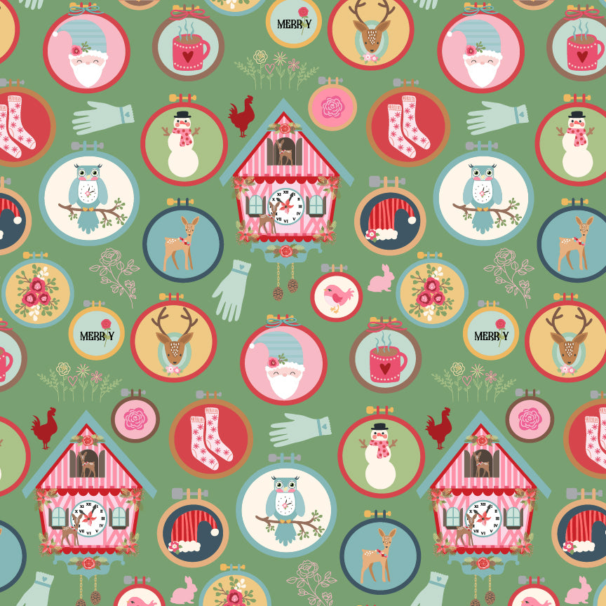 Cuckoo Christmas Fabric by Lori Woods for Poppie Cotton | Winter Hoops Green CH271203 | Sold by the 1/2 Yard | PREORDER!
