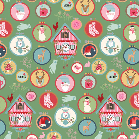 Cuckoo Christmas Fabric by Lori Woods for Poppie Cotton | Winter Hoops Green CH271203 | Sold by the 1/2 Yard | PREORDER!