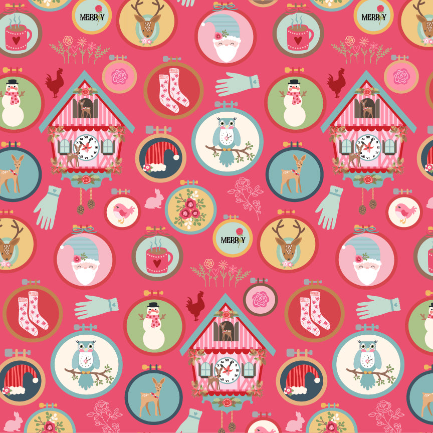 Cuckoo Christmas Fabric by Lori Woods for Poppie Cotton | Winter Hoops Red CH271202 | Sold by the 1/2 Yard | PREORDER!