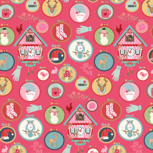 Cuckoo Christmas Fabric by Lori Woods for Poppie Cotton | Winter Hoops Red CH271202 | Sold by the 1/2 Yard | PREORDER!