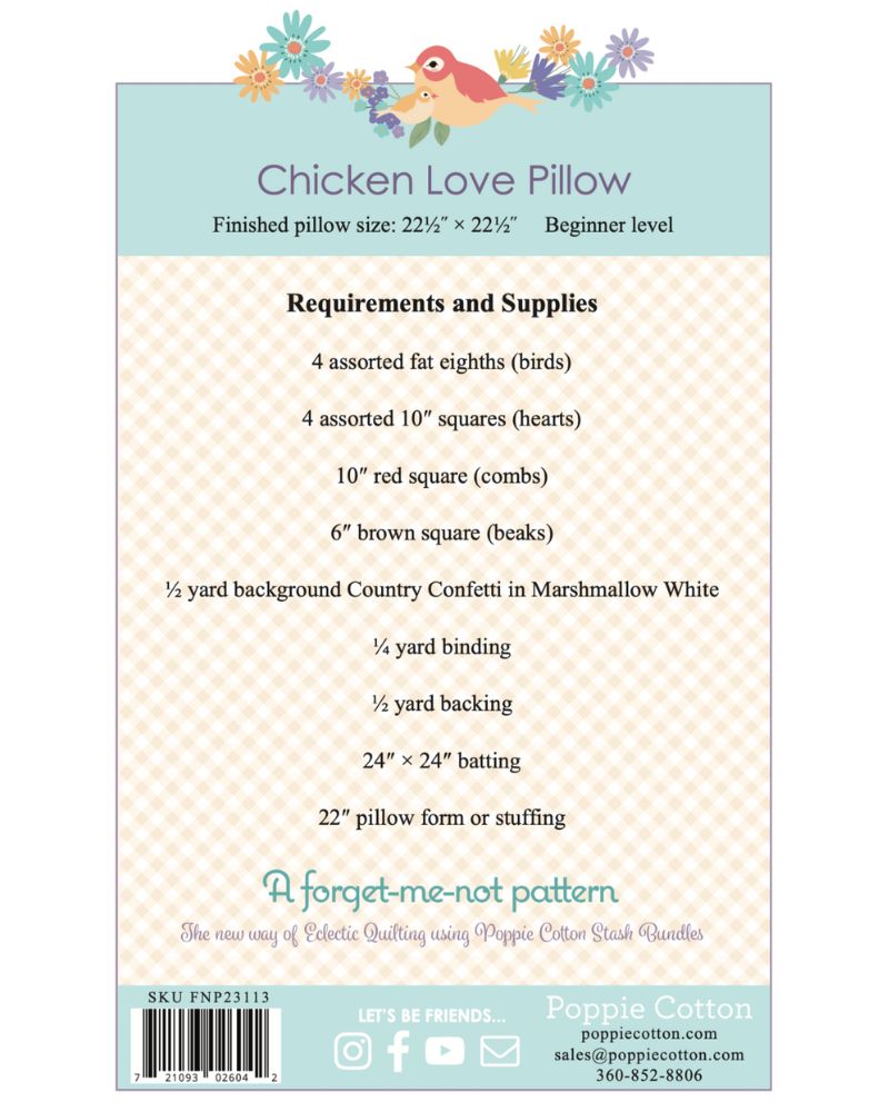 Chicken Love Pillow, from the Forget Me Not Collection, a STASH BUSTER PATTERN! - Good Vibes Quilt Shop