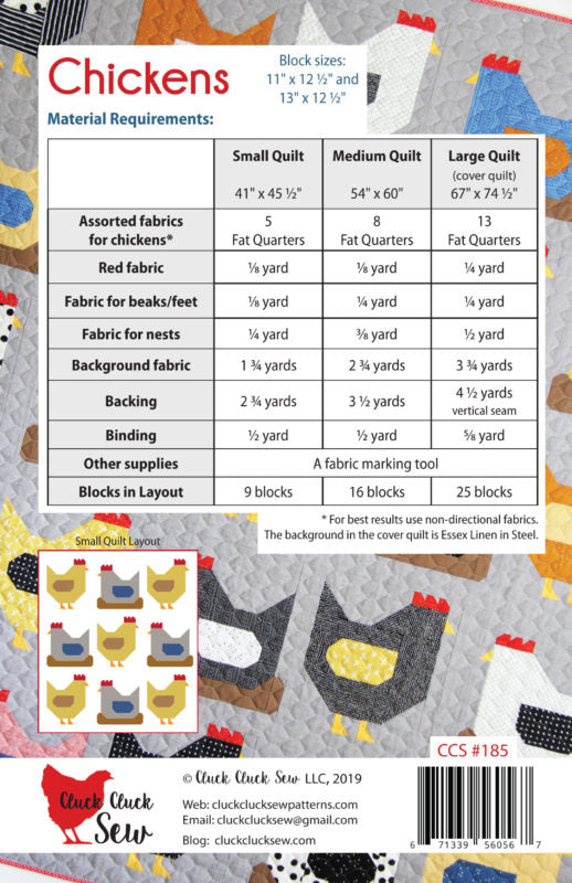 Chickens quilt pattern by Cluck Cluck Sew CCS 185 back cover