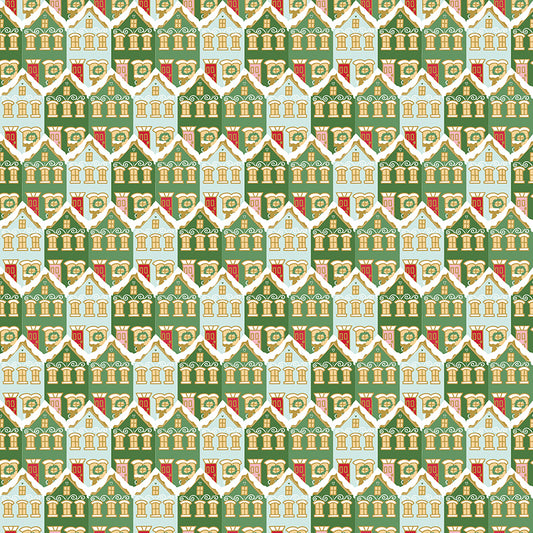 Claus and Co, Christmas Houses with Sparkle, SC17742 Green, Sold by the 1/2 Yard, PREORDER!