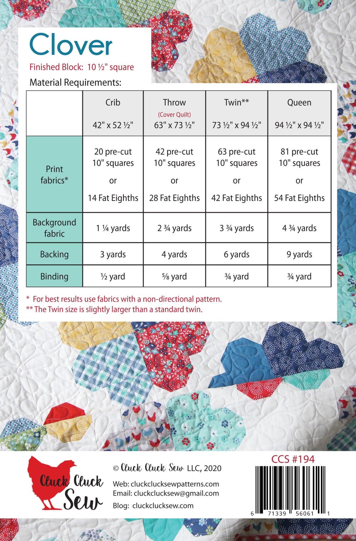 Clover quilt pattern by Cluck Cluck Sew CCS 194 back cover