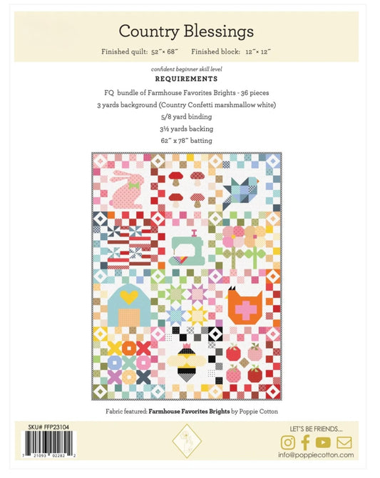 Back view of Poppie Cotton Country Blessings Block of the Month Quilt Pattern, showcasing detailed fabric and design elements.
