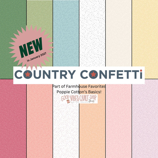 Country Confetti Apricot fabric by Poppie Cotton, featuring a colorful confetti pattern, sold by the half yard.