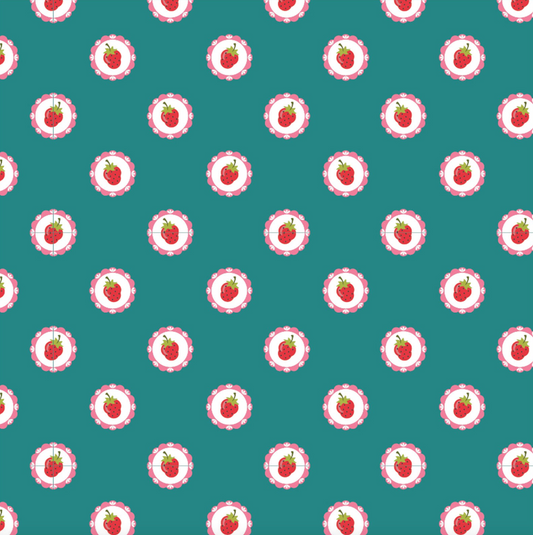 Hopscotch and Freckles, HF21914, Vintage Strawberries, Teal, sold by the 1/2 yard