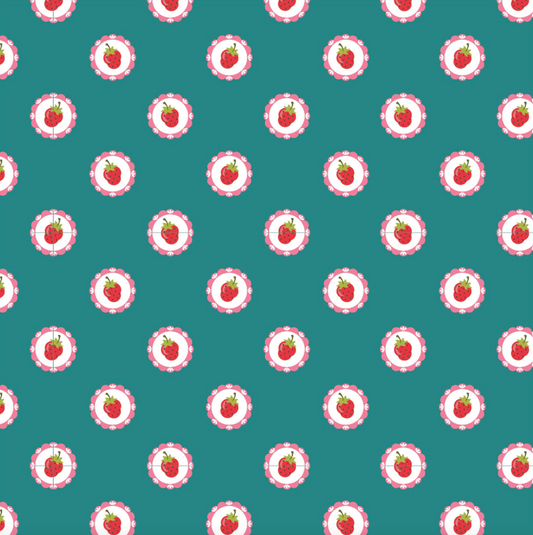 Hopscotch and Freckles, HF21914, Vintage Strawberries, Teal, sold by the 1/2 yard - Good Vibes Quilt Shop