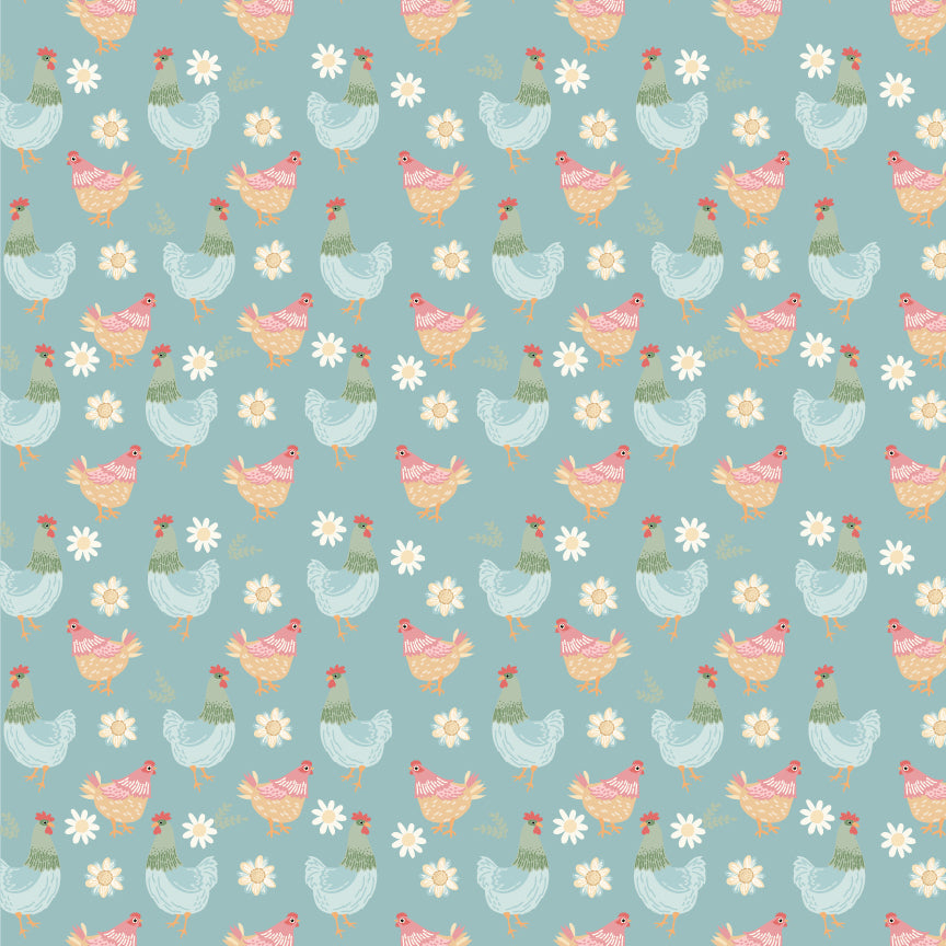 Pemberley Park Fabric by Lori Woods for Poppie Cotton | Henhouse Blue PE261214 | Sold by the 1/2 Yard | PREORDER
