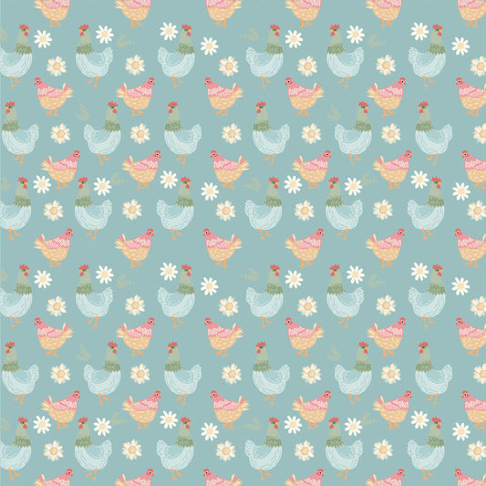 Pemberley Park Fabric by Lori Woods for Poppie Cotton | Henhouse Blue PE261214 | Sold by the 1/2 Yard | PREORDER