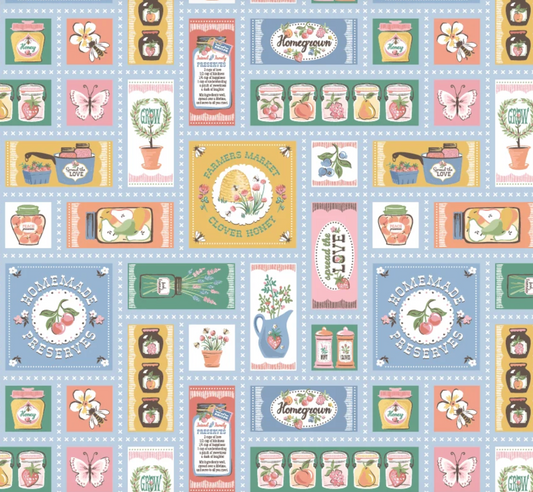Farmers Market blue quilting cotton fabric by Poppie Cotton, homegrown preserves design, 1/2 yard bundle, vibrant and detailed fabric print.