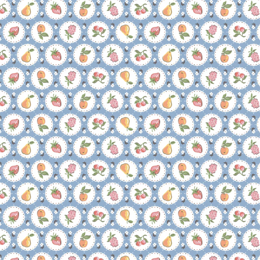 Blue quilting cotton fabric featuring a fruit plate pattern from Poppie Cotton's Homegrown Preserves collection, 1/2 yard piece.