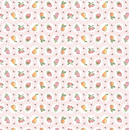 Pink fruit plate quilting cotton fabric by Poppie Cotton, Homegrown Preserves collection, half-yard piece with colorful fruit pattern.