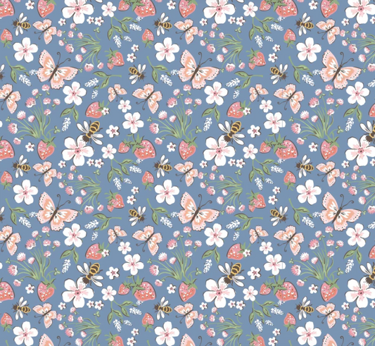 Honeybee Meadow Blue quilting cotton fabric by Poppie Cotton, 1/2 yard, featuring a charming blue honeybee and meadow pattern.