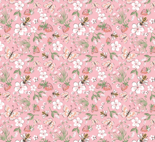 Honeybee Meadow Pink quilting cotton fabric by Poppie Cotton, homegrown preserves design, 1/2 yard, colorful floral print.