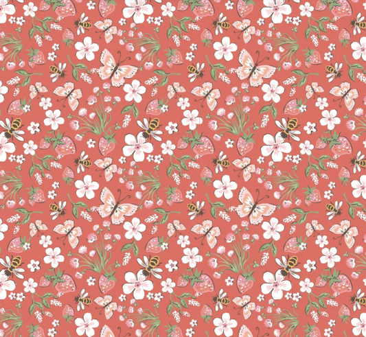 Honeybee Meadow Red quilting cotton fabric by Poppie Cotton, showing vibrant red floral patterns on a light background.