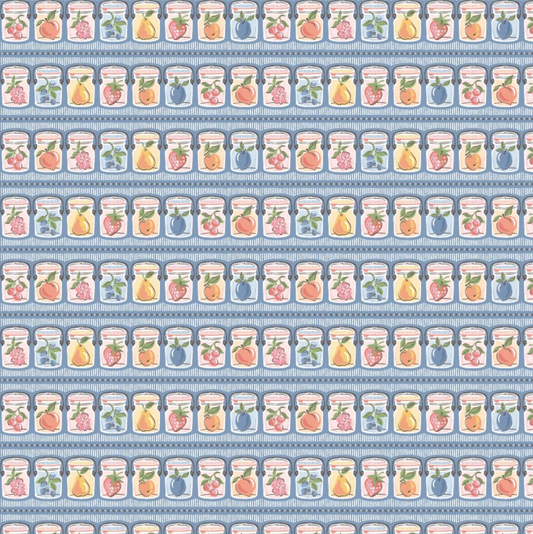 Blue quilting cotton fabric featuring summer canning and preserves pattern by Poppie Cotton, 1/2 yard piece.