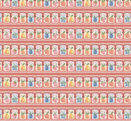 Red quilting cotton fabric featuring summer canning and homegrown preserves design by Poppie Cotton, 1/2 yard cut.