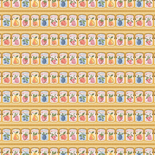Yellow quilting cotton fabric featuring summer canning design from Poppie Cotton's Homegrown Preserves collection, 1/2 yard piece.