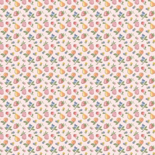 Pink U-Pick Fruit quilting cotton fabric by Poppie Cotton, showcases a charming homegrown preserves fruit pattern, half-yard piece.