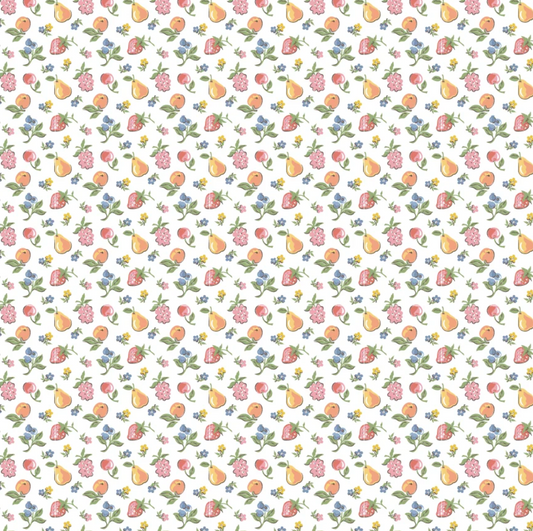 U-Pick Fruit White quilting cotton fabric by Poppie Cotton, featuring a homegrown preserves design, 1/2 yard piece.