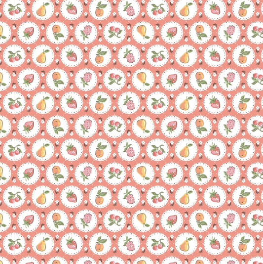 Red quilted cotton fabric with fruit plate pattern from Poppie Cotton's Homegrown Preserves collection, 1/2 yard piece.