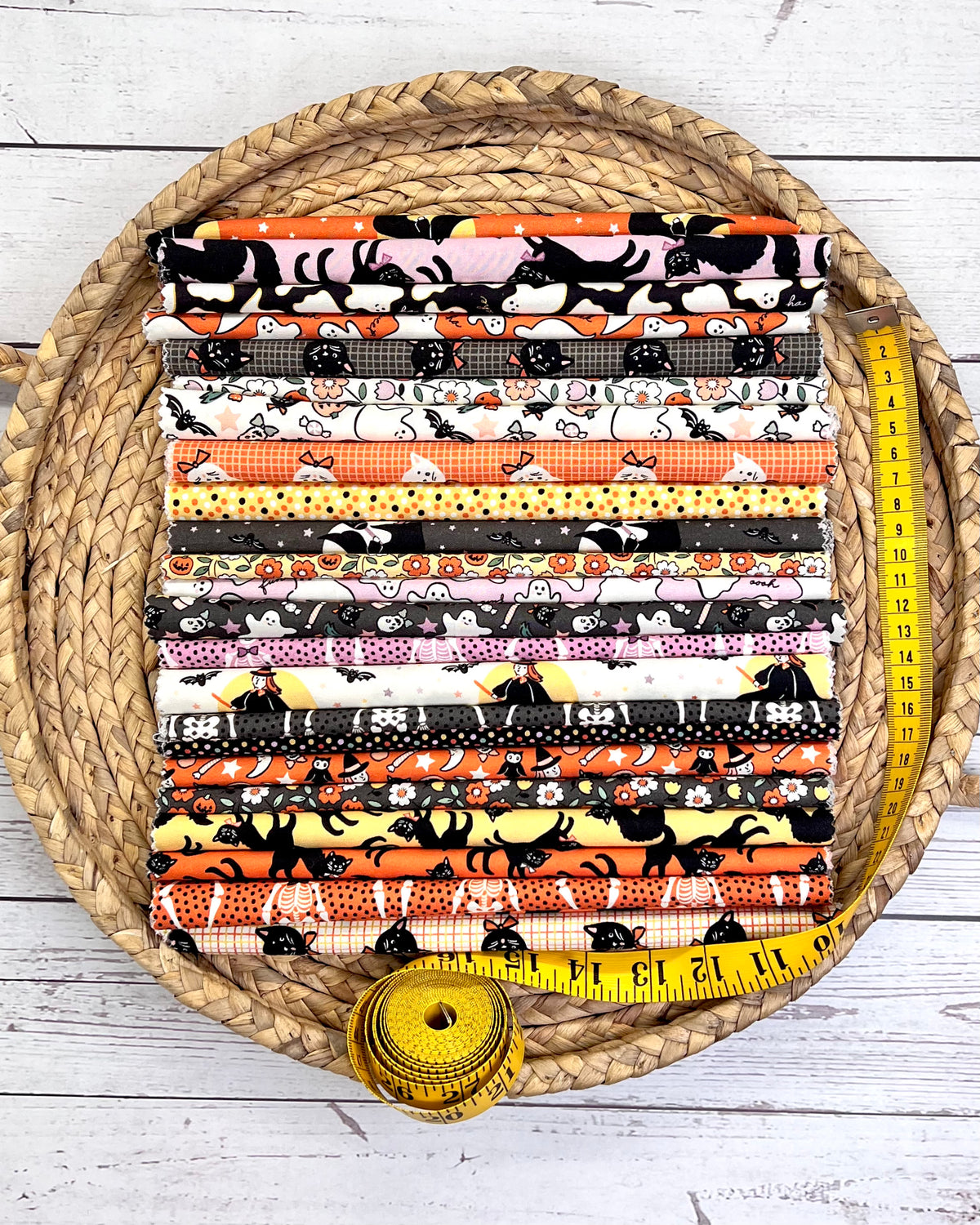Sweet Tooth 10-inch fabric squares by Elea Lutz for Poppie Cotton showing assorted Halloween prints