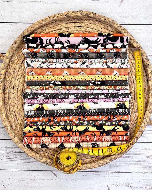 Sweet Tooth 10-inch fabric squares by Elea Lutz for Poppie Cotton showing assorted Halloween prints