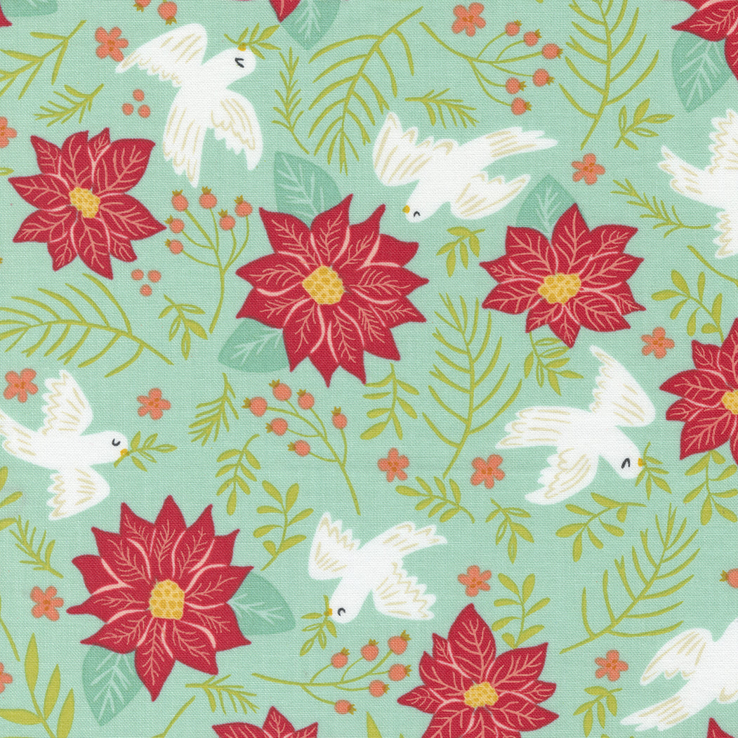 Joyful Joyful, Peace Large Floral Birds Poinsettia, Sky, Sold by the 1/2 yard - Good Vibes Quilt Shop