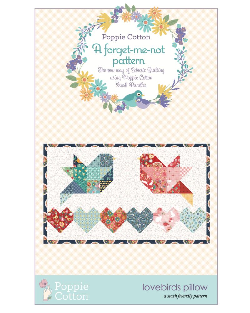 Lovebirds Pillow, from the Forget Me Not Collection, a STASH BUSTER PATTERN!