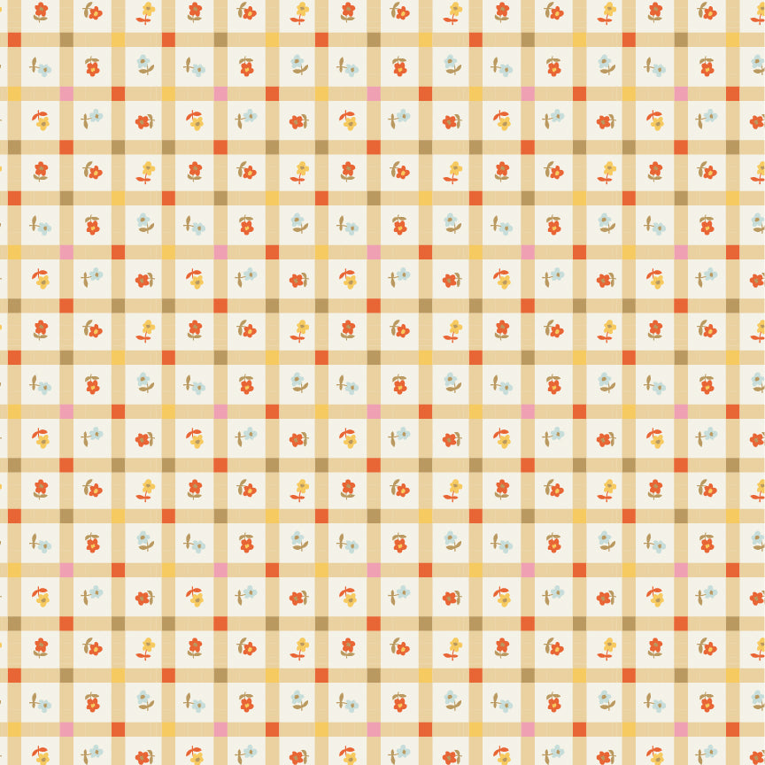 Meadow Blooms Garden Gingham Gold fabric by Seiko Sisco for Poppie Cotton, MB271109
