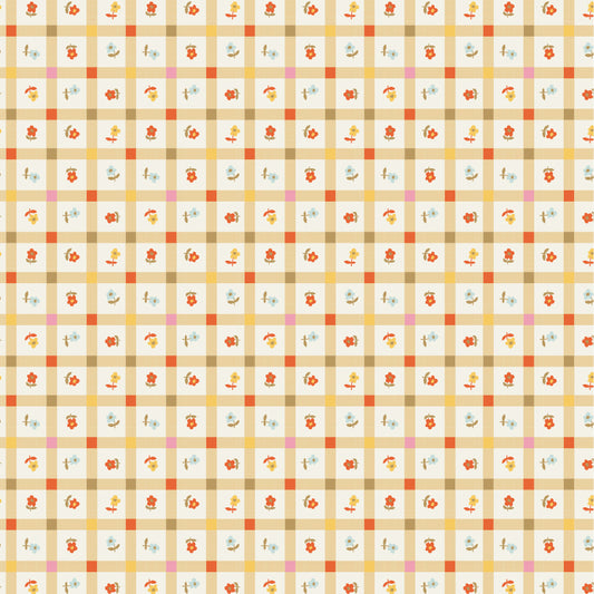 Meadow Blooms Fabric by Seiko Sisco for Poppie Cotton | Garden Gingham Gold MB271109 | Sold by the 1/2 Yard | PREORDER!