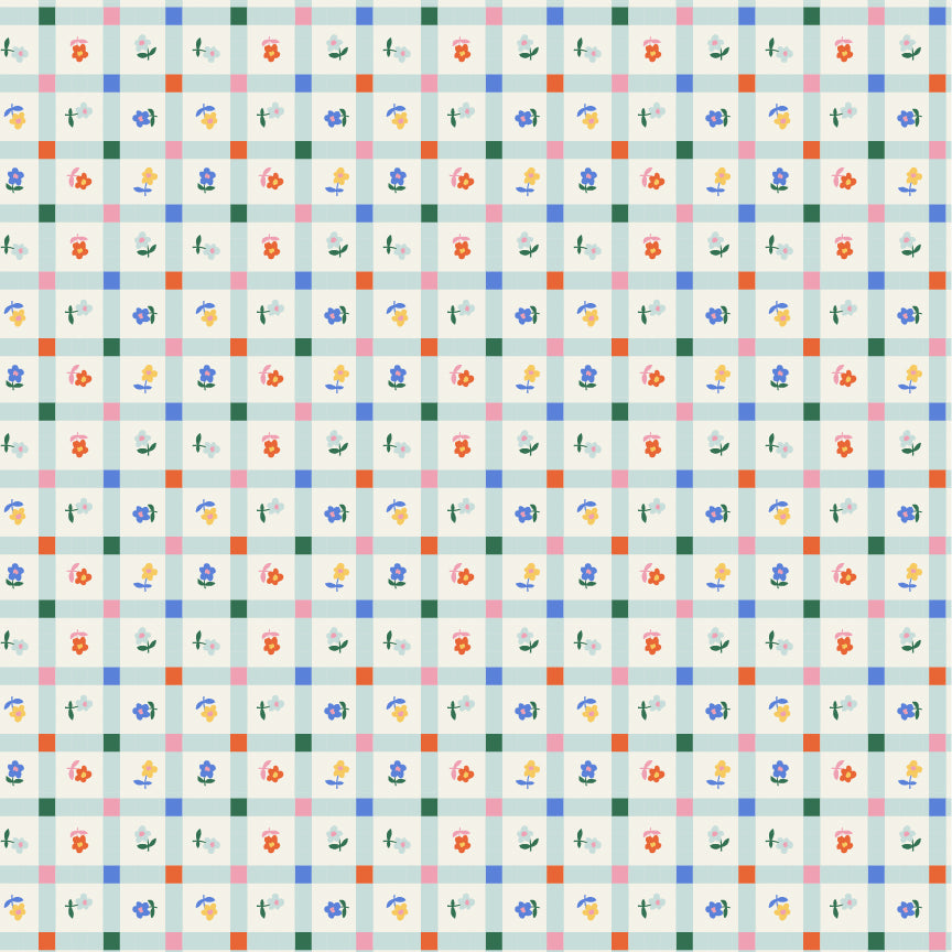 Meadow Blooms Fabric by Seiko Sisco for Poppie Cotton | Garden Gingham Mint MB271107 | Sold by the 1/2 Yard | PREORDER!