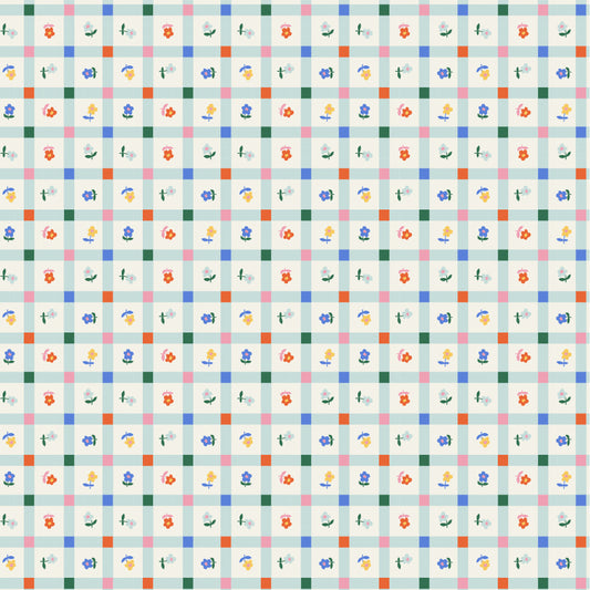Meadow Blooms Fabric by Seiko Sisco for Poppie Cotton | Garden Gingham Mint MB271107 | Sold by the 1/2 Yard | PREORDER!