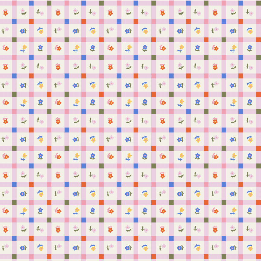 Meadow Blooms Fabric by Seiko Sisco for Poppie Cotton | Garden Gingham Pastel Pink MB271108 | Sold by the 1/2 Yard | PREORDER!