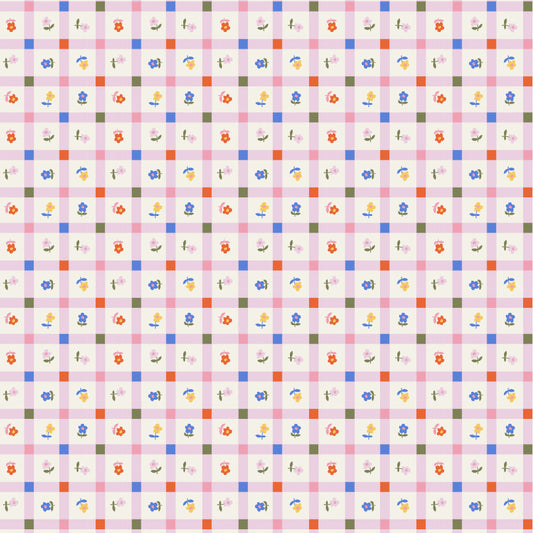 Meadow Blooms Fabric by Seiko Sisco for Poppie Cotton | Garden Gingham Pastel Pink MB271108 | Sold by the 1/2 Yard | PREORDER!
