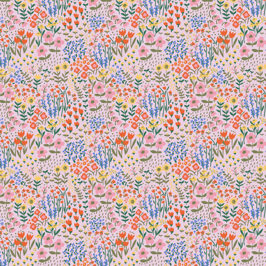 Meadow Blooms Fabric by Seiko Sisco for Poppie Cotton | Wildflower Whimsy Pastel Pink MB271105 | Sold by the 1/2 Yard | PREORDER!