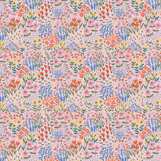 Meadow Blooms Fabric by Seiko Sisco for Poppie Cotton | Wildflower Whimsy Pastel Pink MB271105 | Sold by the 1/2 Yard | PREORDER!