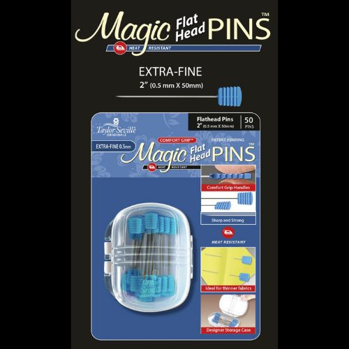 Magic Pins Flat Head EXTRA FINE 50pc, Pinhead is 0.5mm, 2 1/4" Length, sku 219942, Pinhead is 0.5mm - Good Vibes Quilt Shop