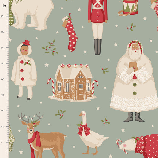 Christmas-themed fabric with Santa Claus, reindeer, gingerbread house, and other holiday elements on a green background.