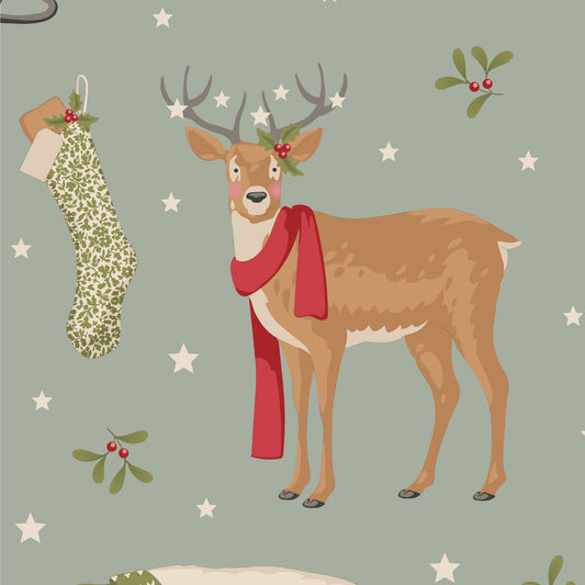 Illustration of a deer wearing a red scarf with a Christmas stocking and mistletoe on a green background.
