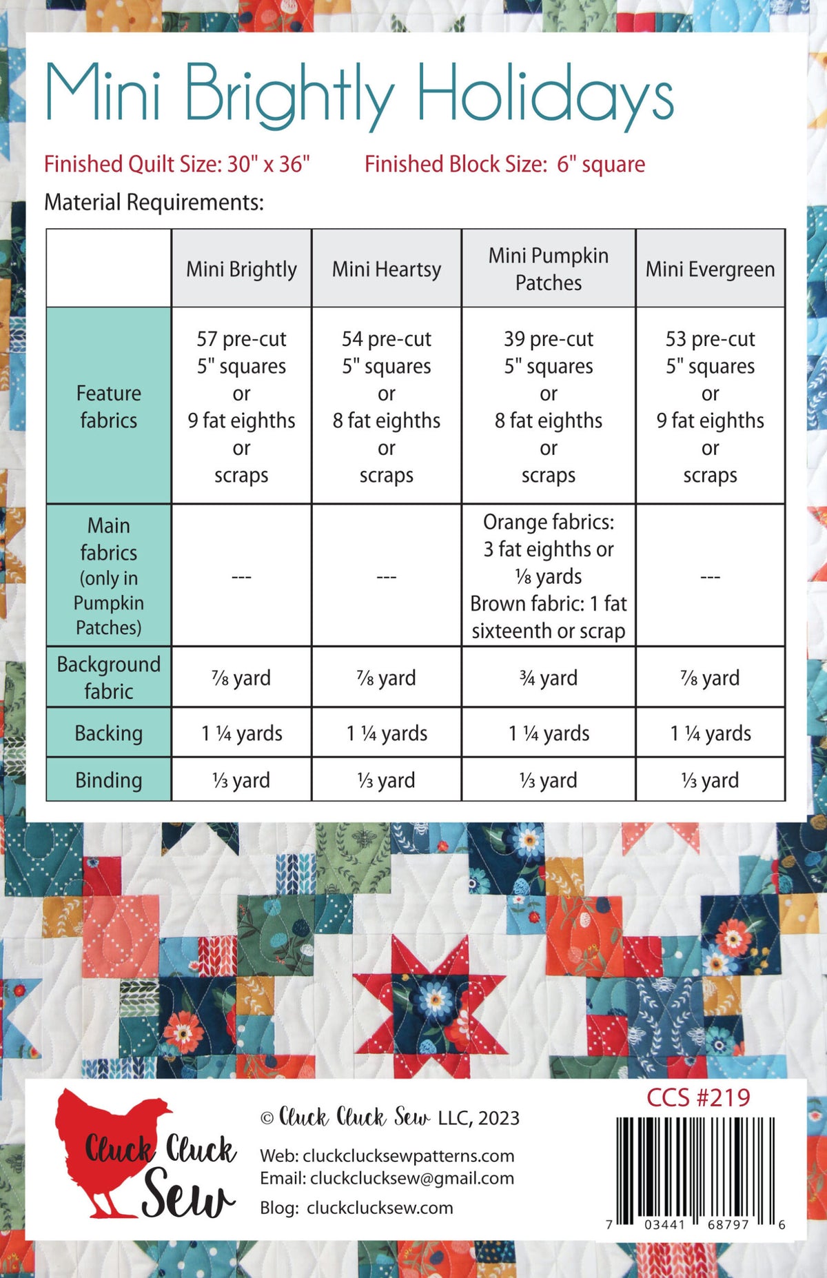 Mini Brightly Holidays quilt pattern by Cluck Cluck Sew CCS 219 back cover