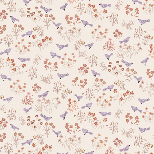 My Darling Deer Little Bird Wheat fabric by Michal Marko for Poppie Cotton, showing a close-up of the light wheat-colored woven textile.