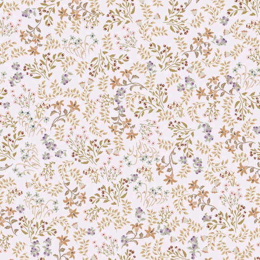 My Darling Deer Wildflower Soft Plum fabric by Michal Marko for Poppie Cotton, close-up of floral pattern on soft fabric.
