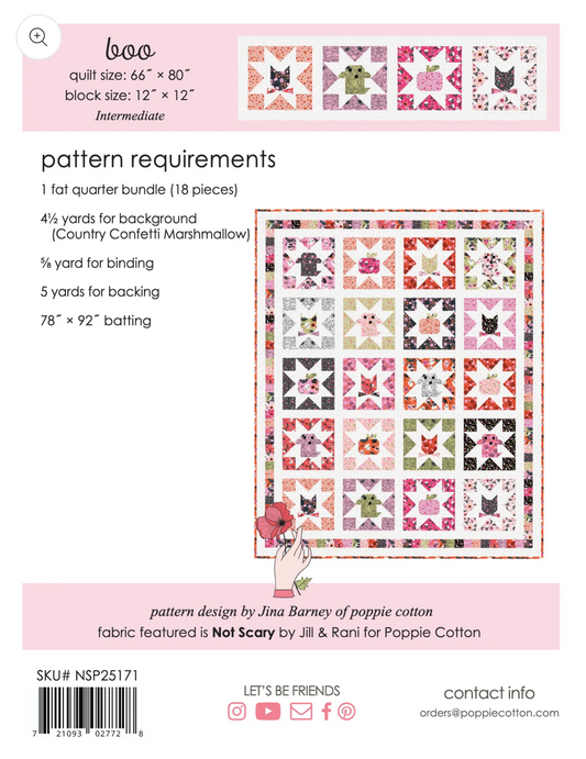 Boo KIT for the Not Scary Collection by Poppie Cotton, KIT for Quilt Top, PREORDER