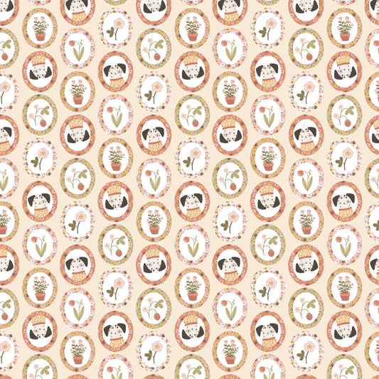 My Name Is Pal fabric by Lori Woods for Poppie Cotton, Pal Buff pattern, 1/2 yard preordered fabric with soft beige tones.