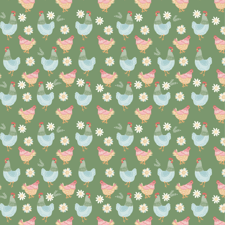 Pemberley Park Fabric by Lori Woods for Poppie Cotton | Henhouse Green PE261215 | Sold by the 1/2 Yard | PREORDER