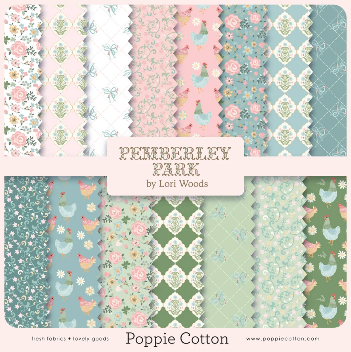 Pemberley Park Fabric by Lori Woods for Poppie Cotton | Miss Elliot Green PE261203 | Sold by the 1/2 Yard | PREORDER