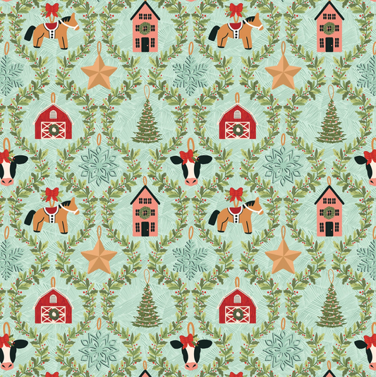 Prairie Christmas, Country Ornaments Teal, PC24361, sold by the 1/2 yard, *PREORDER