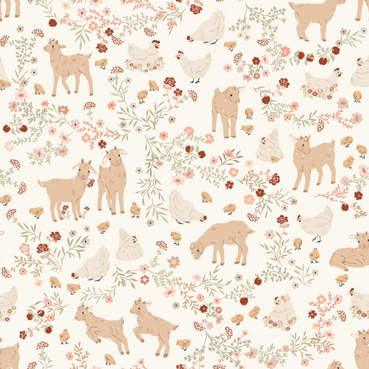 Primrose and Parsley Fabric, Barnyard Babies White, PR26843, PREORDER